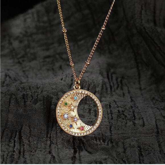 Gold 14k Gold Plated Half Moon Cubic Zirconia Necklace - Picture 2 of 3